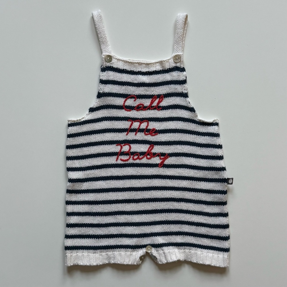 Oeuf White & Navy Striped Knit Short Romper with “Call Me Baby” Embroidery - 6M
